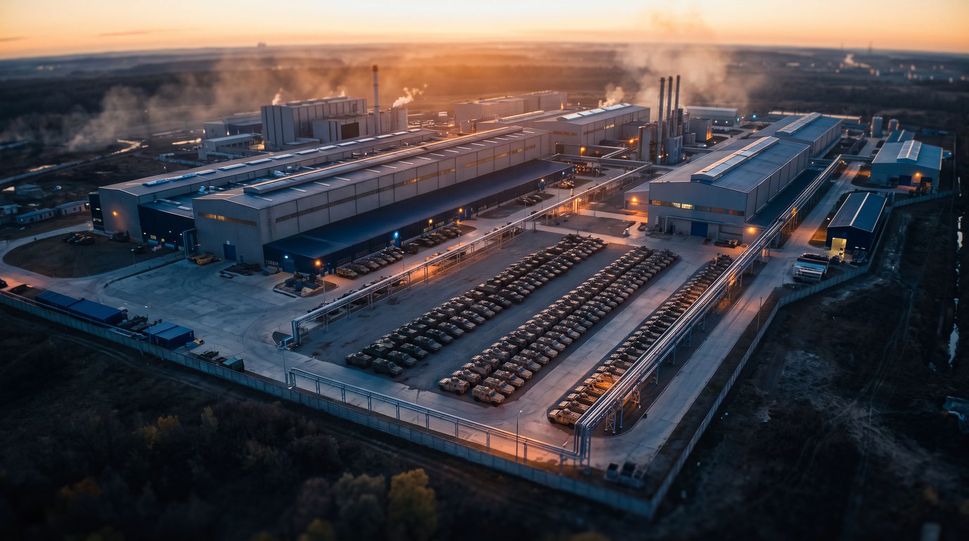 Vista aérea de un complejo industrial de fabricación al atardecer
