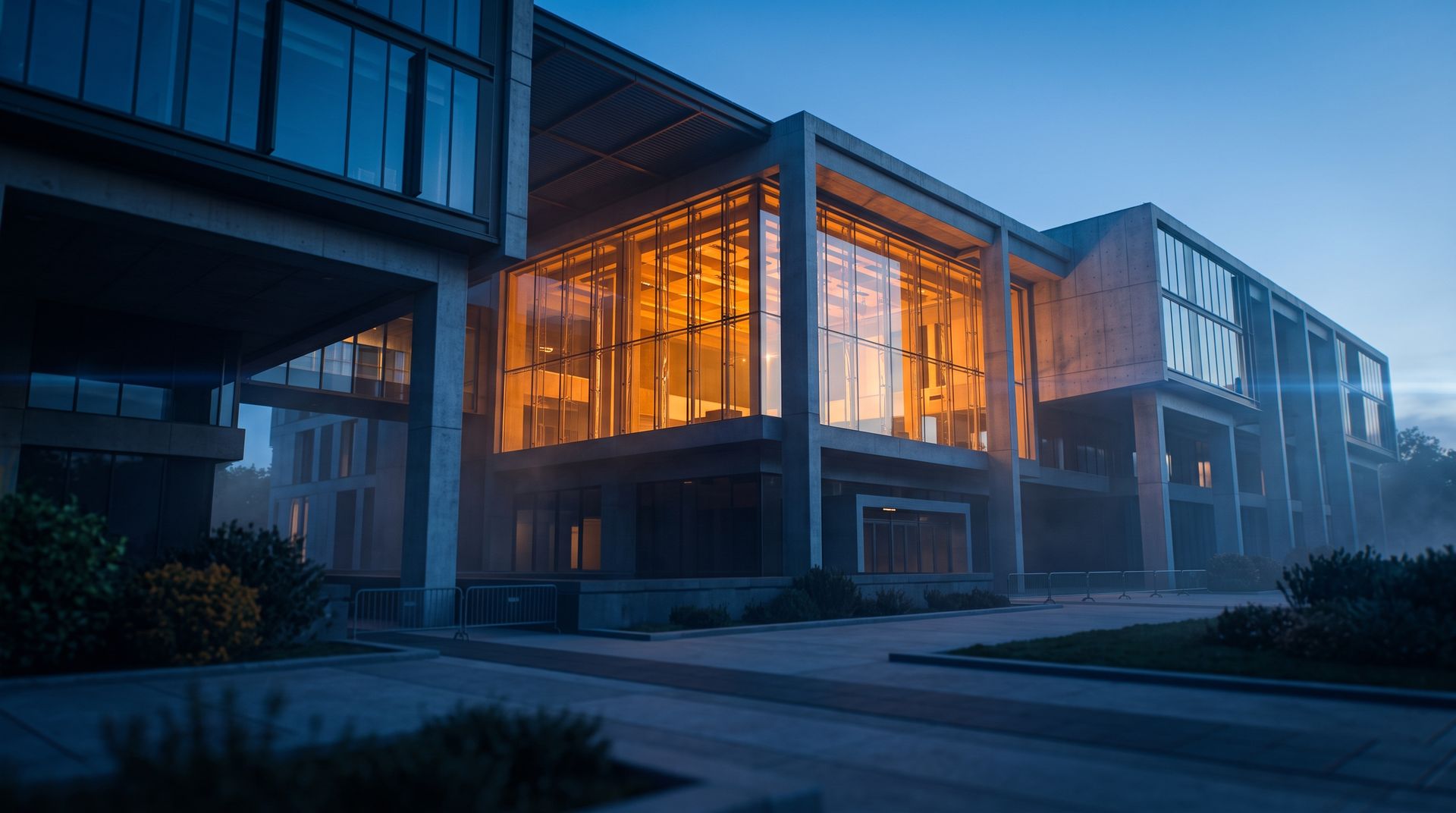 Edificio institucional moderno de fachada acristalada, iluminado al atardecer