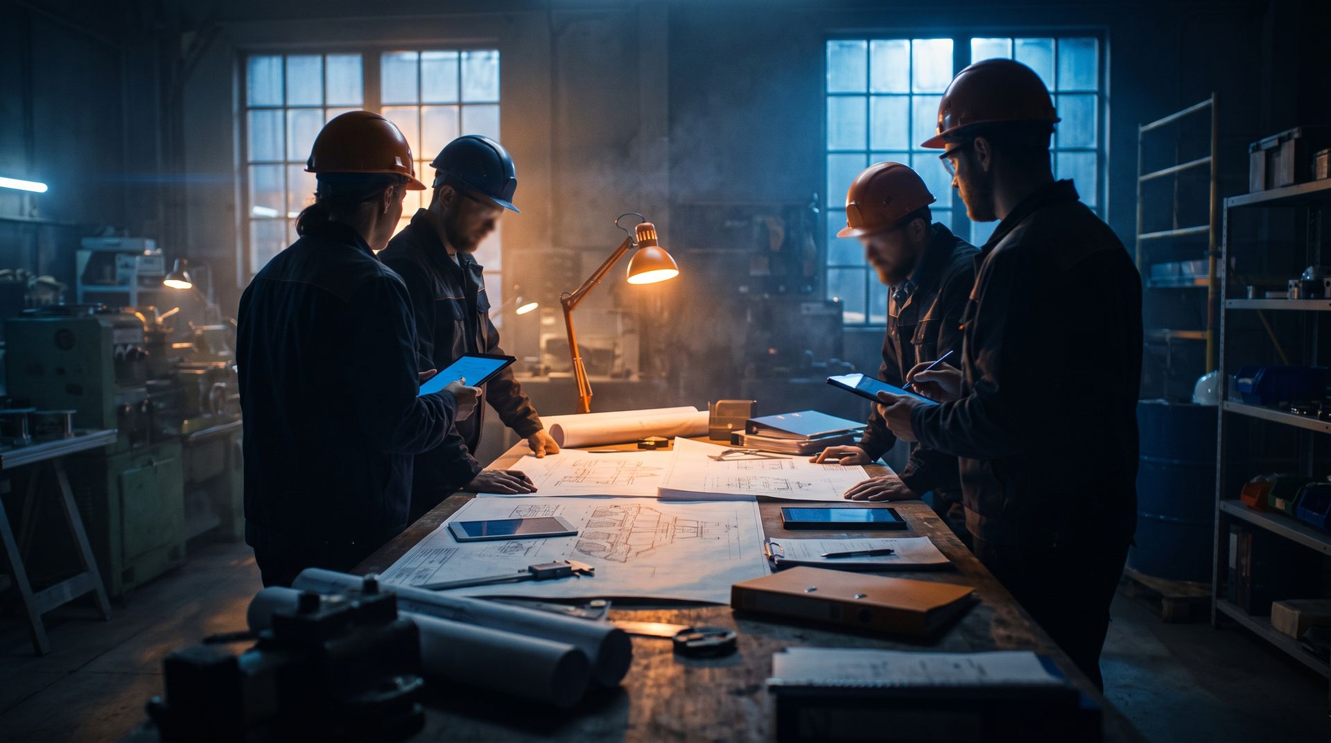 Ingenieros con casco revisando planos y tabletas sobre una mesa de trabajo en una planta